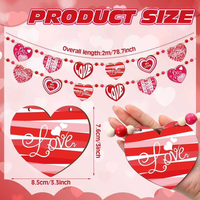 DoubleFill 1 Set Valentines Mantle Garland 6.56 ft Wood Heart Valentines Beads Banner Pink Red Love Heart Hanging Garland for Wall Fireplace Shelf Display Indoor Outdoor Decor for Home Party Supplies - Image 2
