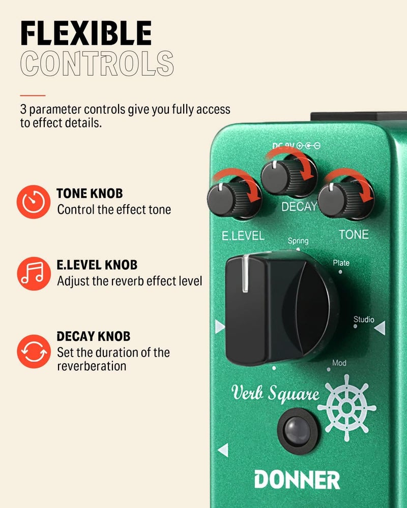 Donner Digital Reverb Guitar Effect Pedal Verb Square with 7 Modes - Image 3