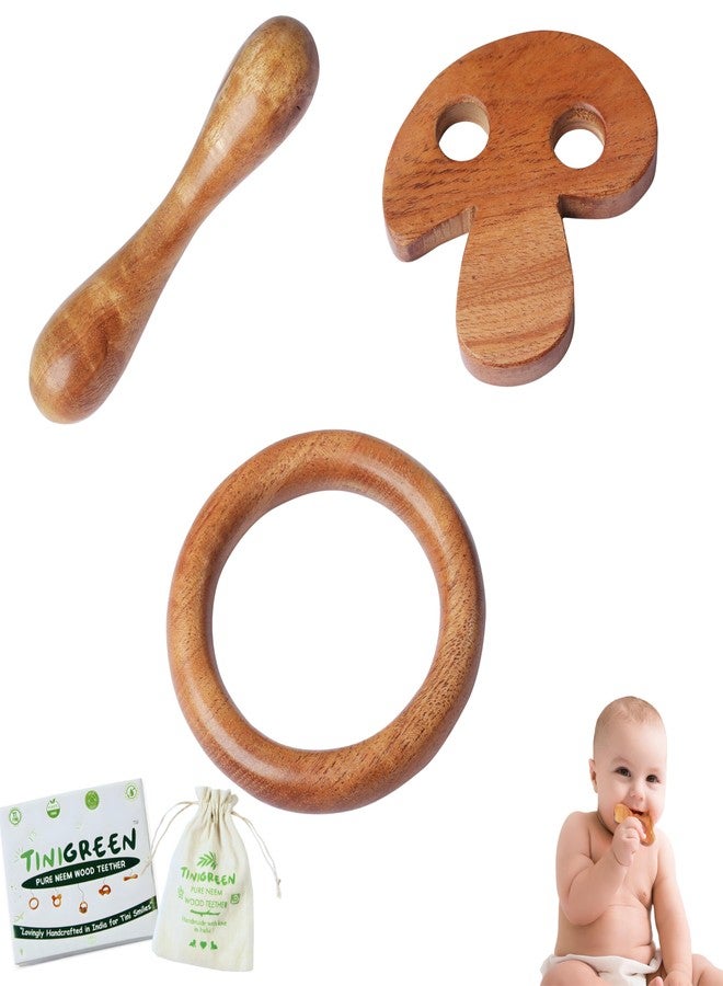 TINIGREEN Mushroom Ring Dumbbell Shaped Organic Neem Wood Teether Combo For Baby (Pack of 3),Baby,Toddler,Natural - Image 1