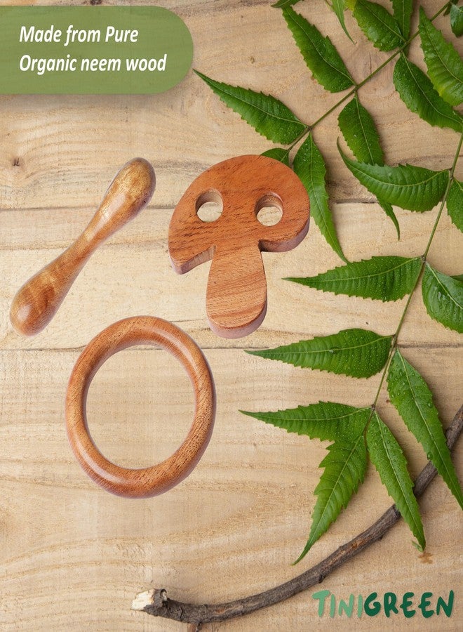 TINIGREEN Mushroom Ring Dumbbell Shaped Organic Neem Wood Teether Combo For Baby (Pack of 3),Baby,Toddler,Natural - Image 3