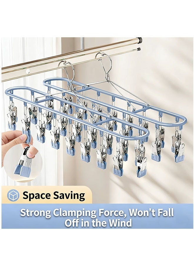 Sock Dryer Hangers with 18 Pegs, Stainless Steel Drying Rack, Multi Clip Hanging Laundry Drying Racks, Non Slip Clip Hangers, Clothes Drying Hanger with Clips, Sock Peg Hanger for Washing Line, Drip Airer Hanging Sock Rack for Socks, Underwear, Bras, Baby Clothes, Blue - Image 2