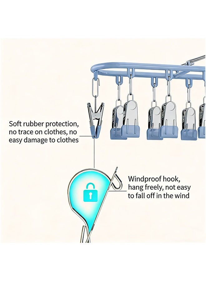 Sock Dryer Hangers with 18 Pegs, Stainless Steel Drying Rack, Multi Clip Hanging Laundry Drying Racks, Non Slip Clip Hangers, Clothes Drying Hanger with Clips, Sock Peg Hanger for Washing Line, Drip Airer Hanging Sock Rack for Socks, Underwear, Bras, Baby Clothes, Blue - Image 5