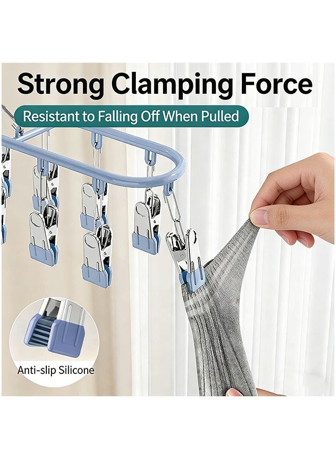Sock Dryer Hangers with 18 Pegs, Stainless Steel Drying Rack, Multi Clip Hanging Laundry Drying Racks, Non Slip Clip Hangers, Clothes Drying Hanger with Clips, Sock Peg Hanger for Washing Line, Drip Airer Hanging Sock Rack for Socks, Underwear, Bras, Baby Clothes, Blue - Image 3