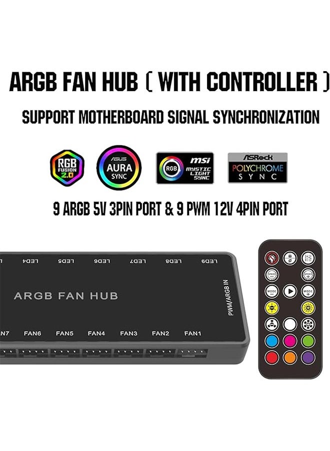 Snowman ARGB Fan Hub Controller with Remote Control, Pwm Fan Hub Support 9 Groups of Fans for Addressable 5v 3pin Argb & 12v 4pin Pwm, 2-in-1 Rgb Case Fan Hub with Hidden Magnetic Base and Sata Power - Image 5