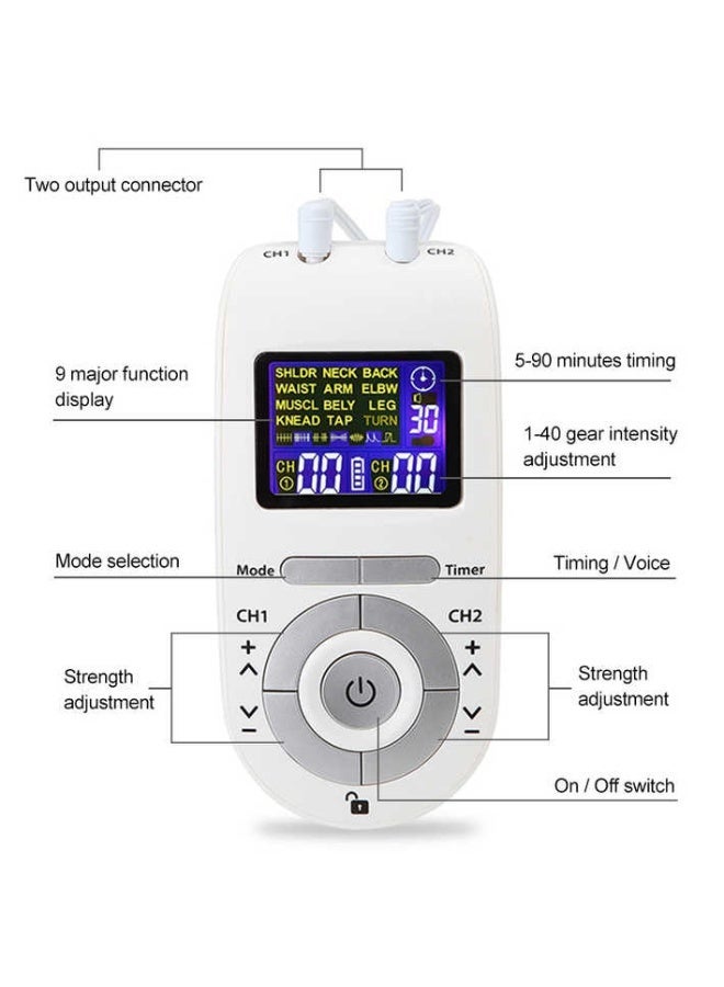 ريحني جهاز المحفز العضلي TENS وEMS ثنائي القناة 12 وضع تدليك 4 وسادات إلكترود قابلة لإعادة الاستخدام جهاز تخفيف آلام يعمل بالبطارية للظهر والرقبة والكتفين والساقين أبيض - Image 4