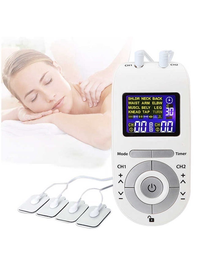 ريحني جهاز المحفز العضلي TENS وEMS ثنائي القناة 12 وضع تدليك 4 وسادات إلكترود قابلة لإعادة الاستخدام جهاز تخفيف آلام يعمل بالبطارية للظهر والرقبة والكتفين والساقين أبيض - Image 3