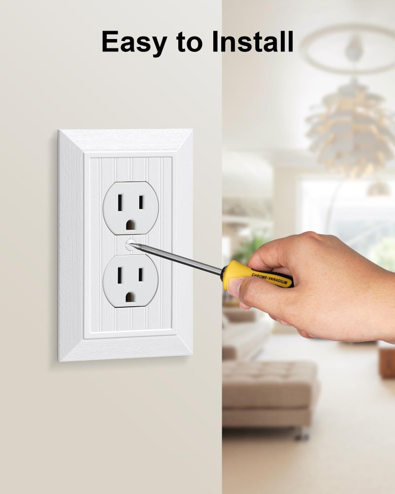 treewell 2-Pack Classic Beadboard Duplex Outlet Cover Plate, Decorative Unbreakable Polycarbonate Switch Plates and Outlet Covers, Pure White Wall Plates for Electrical Outlets, 1 Gang Receptacle Cover - Image 5