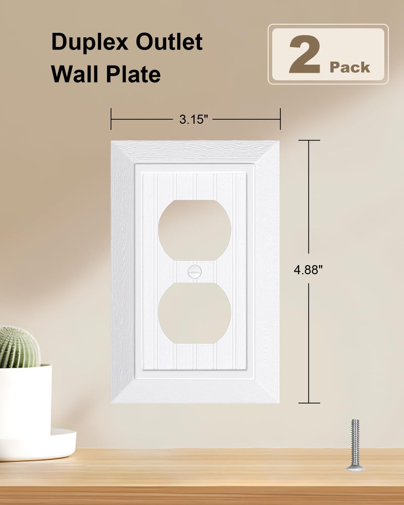 treewell 2-Pack Classic Beadboard Duplex Outlet Cover Plate, Decorative Unbreakable Polycarbonate Switch Plates and Outlet Covers, Pure White Wall Plates for Electrical Outlets, 1 Gang Receptacle Cover - Image 2