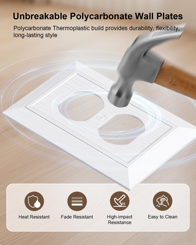 treewell 2-Pack Classic Beadboard Duplex Outlet Cover Plate, Decorative Unbreakable Polycarbonate Switch Plates and Outlet Covers, Pure White Wall Plates for Electrical Outlets, 1 Gang Receptacle Cover - Image 3