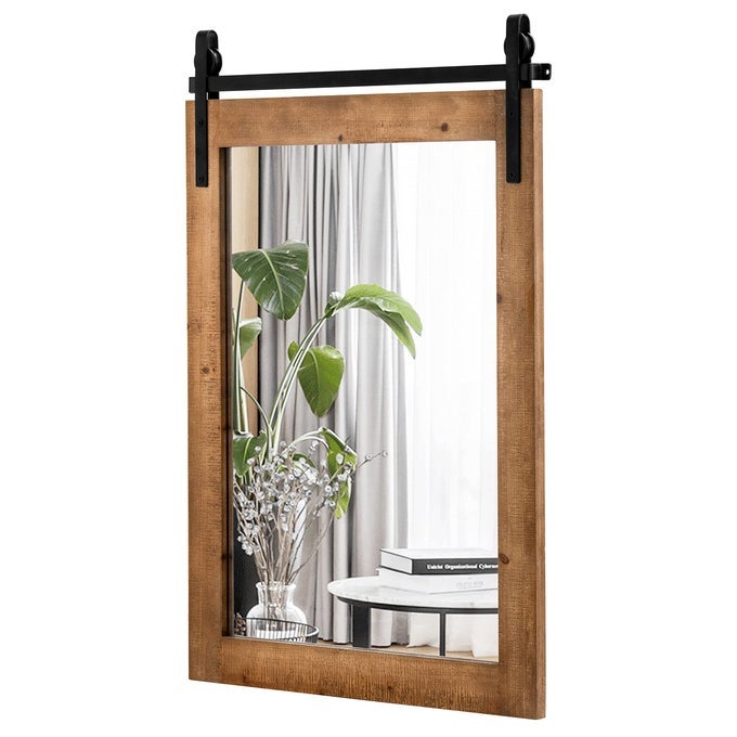 DECORATIVE RUSTIC WALL MIRROR RECTANGLE BARN DOOR HANGING VANITY MIRROR FARMHOUSE SOLID WOOD FRAME WALL MOUNTED MIRROR FOR BATHROOM LIVING ROOM BEDROOM AND HALLWAY RUSTIC BROWN 76X55CM