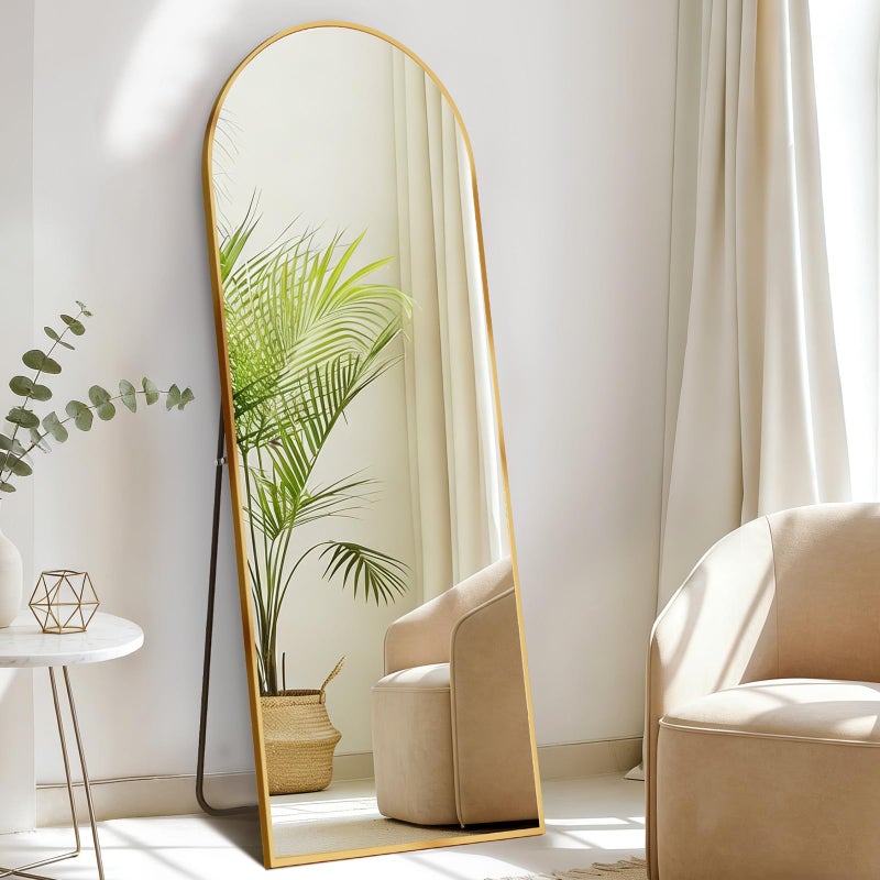 DUMOS Arched Full Length Mirror with Stand Floor Standing Aluminum Frame for Bedroom Body Hanging Leaning Modern Simple Home Decor Shatter-Proorf Nano Glass Wall Living Room Cloakroom Gold 56"x15" - Image 1