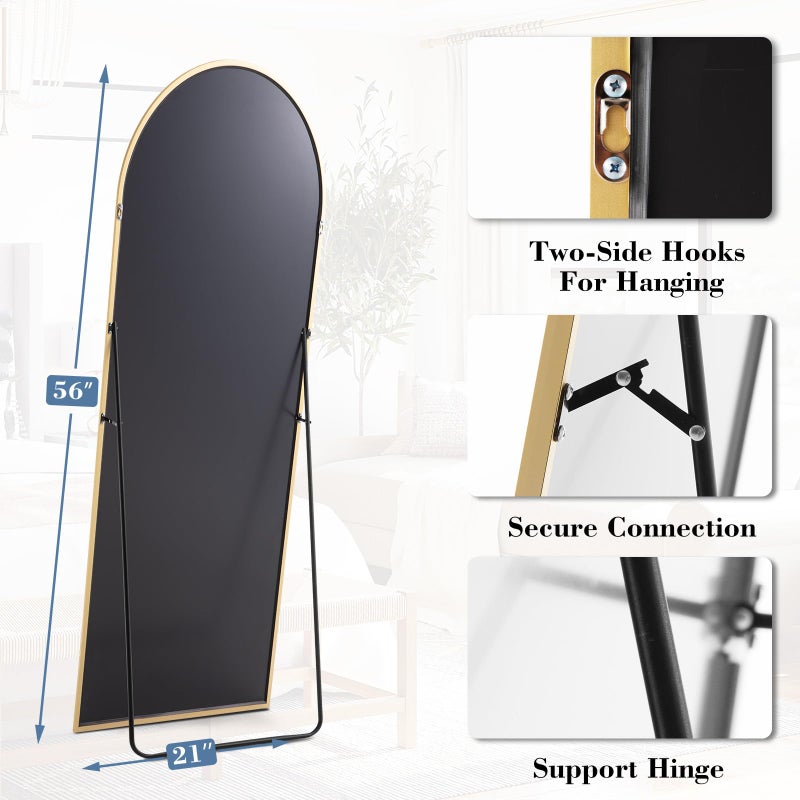 DUMOS Arched Full Length Mirror with Stand Floor Standing Aluminum Frame for Bedroom Body Hanging Leaning Modern Simple Home Decor Shatter-Proorf Nano Glass Wall Living Room Cloakroom Gold 56"x15" - Image 4