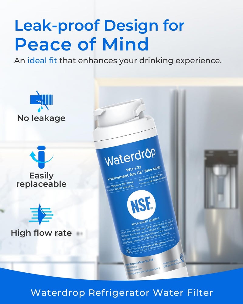 Waterdrop MSWF Refrigerator Water Filter, Replacement for GE MSWF, 101820A, 101821B, RWF1500A, NSF 42&372 Certified, Pack of 2 (Package May Vary) - Image 5