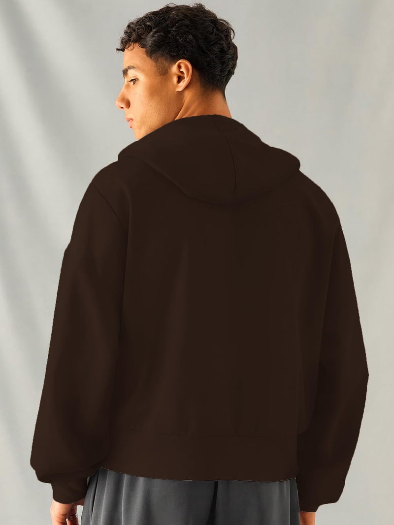 Jump Cuts Mens Solid Hooded Neck Full Sleeve Coffee Brown Full Zipper Kangaroo Pockets LoopKnit Sweatshirt - Image 4