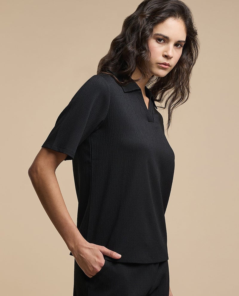 R&B Textured Top With Collared Neck And Short Sleeves - Image 3