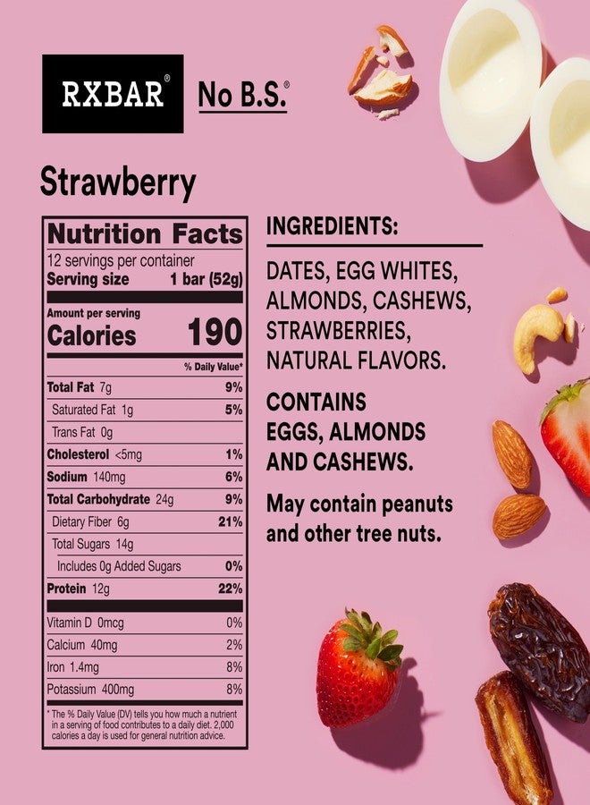 RXBAR Protein Bars, 12g Protein, Gluten Free Snacks, Strawberry, 22oz Box (12 Bars) - Image 2
