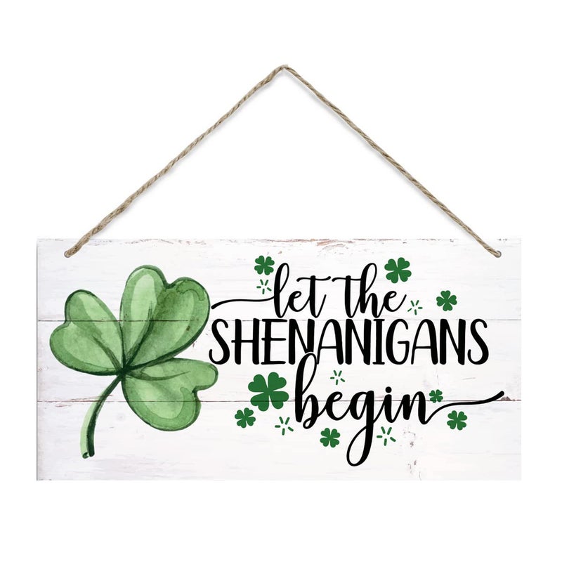St. Patrick's Day Hanging Wood Sign, Wall Art Decor for Home and Front Door, Green Shamrock Theme Ornament - Image 1