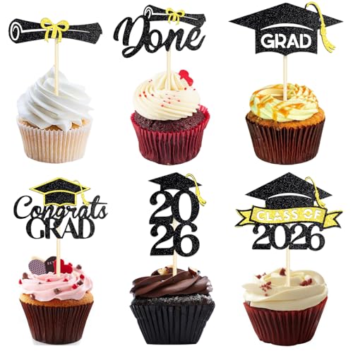 Chewarelly 24 Pack 2026 Congrats Grad Cupcake Toppers Set Graduation Cupcake Decor Class of 2026 Cupcake Picks for Senior High School College Grad Party Decorations SuppliesBlack with Gold A - Image 1