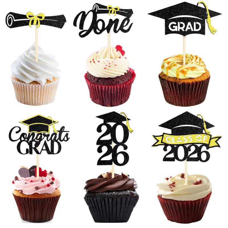 Chewarelly 24 Pack 2026 Congrats Grad Cupcake Toppers Set Graduation Cupcake Decor Class of 2026 Cupcake Picks for Senior High School College Grad Party Decorations SuppliesBlack with Gold A - Image 2