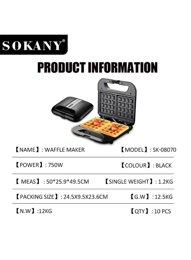 Sokany SK-08070 Electric Waffle Maker, 750W | Double Non-Stick Waffle Maker, Easy to Clean, with Double-Sided Heating and Heat-Resistant Body - Black - Image 3