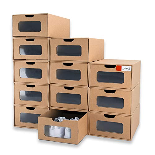 WALL QMER Shoe Box 12 Pack,13.2 x 8.3 x 5.1in Waterproof Storage Boxes, Socks, Stationery, Toys, Underwear,Heavy Duty,Stack-able Cardboard Boxes,with Marking Labels,Transparent Window - Image 1