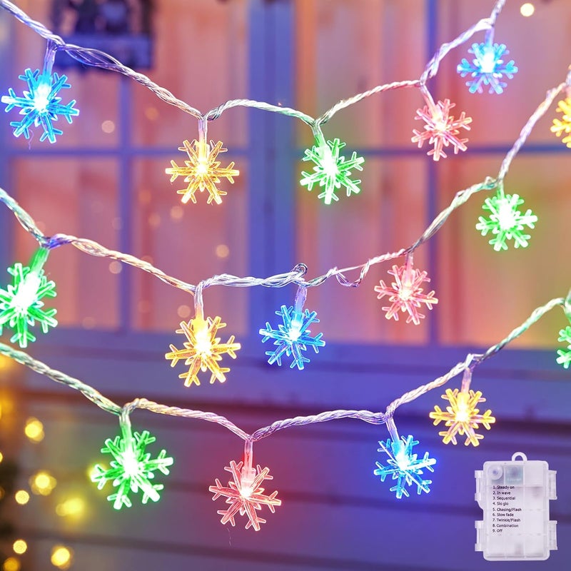 Brightown Ourdoor Snowflake String Lights 50 LED 26 Ft Multicolor Christmas Lights with Battery Operated 8 Lighting Modes Waterproof Shatterproof Twinkle Fairy Holiday Lights for Xmas Decor - Image 1