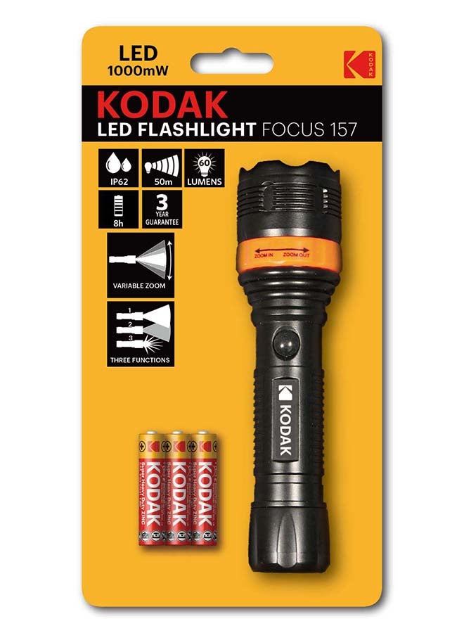 Kodak LED Flashlight Focus 157|  Black Color |  with 3xAAA Batteries Included - Image 1