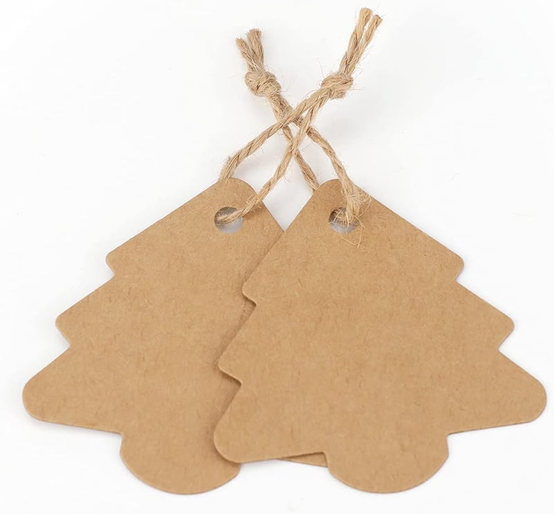 KINGLAKE Christmas Tree Gift Tags,Gift Wrap Tags,100 Pcs Kraft Paper Gift Tag with String,Blank Craft Gift Tag with Natural Jute Twine String - Image 2