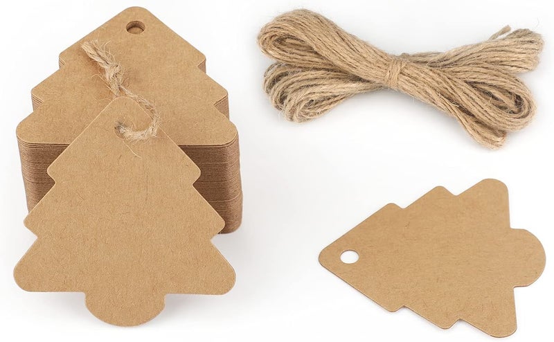KINGLAKE Christmas Tree Gift Tags,Gift Wrap Tags,100 Pcs Kraft Paper Gift Tag with String,Blank Craft Gift Tag with Natural Jute Twine String - Image 1