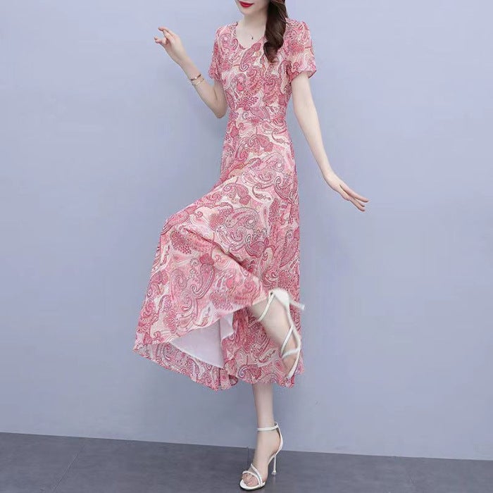 Summer Floral Print Midi Dress Elegant Waist-Slimming Picture color