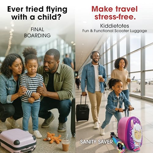 KIDDIETOTES Ride-On Scooter Suitcase for Kids – Hardside Lightweight Carry-On Luggage with Foldable Scooter, LED Wheels, Travel Fun for Toddlers & Children - Image 3