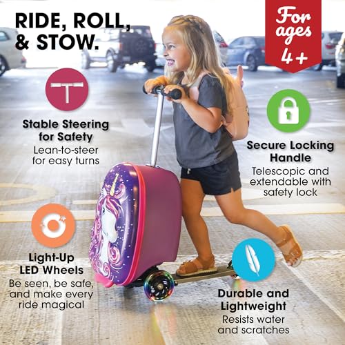 KIDDIETOTES Ride-On Scooter Suitcase for Kids – Hardside Lightweight Carry-On Luggage with Foldable Scooter, LED Wheels, Travel Fun for Toddlers & Children - Image 2