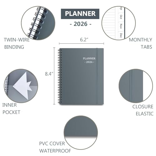 Tiankool Planner 2026, Jan 2026 - Dec 2026 Weekly Monthly Planner with 12 Monthly Tabs and Elastic Closure, Inner Pocket, Round Corner,5.8" x 8.25"- Grey - Image 2
