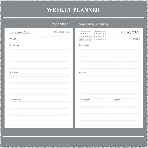 Tiankool Planner 2026, Jan 2026 - Dec 2026 Weekly Monthly Planner with 12 Monthly Tabs and Elastic Closure, Inner Pocket, Round Corner,5.8" x 8.25"- Grey - Image 5