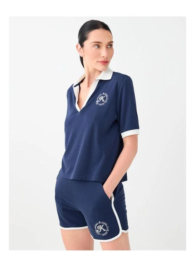 Jimmy Key Navy Blue Polo Collar Brocade Detailed Short Sleeve Blouse.