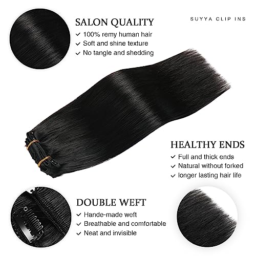 SUYYA Clip in Hair Extensions Real Human Hair,Jet Black Clip in Hair Extensions Human Hair Straight Hair Extensions Clip ins Double Weft 7pcs 120g (20 inches #1 Jet black) - Image 3