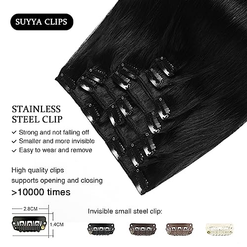 SUYYA Clip in Hair Extensions Real Human Hair,Jet Black Clip in Hair Extensions Human Hair Straight Hair Extensions Clip ins Double Weft 7pcs 120g (20 inches #1 Jet black) - Image 4
