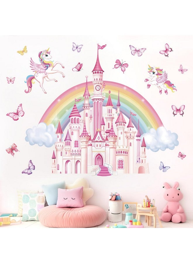 wondever Rainbow Castle Wall Stickers Fairy Tale Unicorn Butterfly Peel and Stick Wall Art Decals for Baby Nursery Girls Bedroom Toddler Room - Image 1