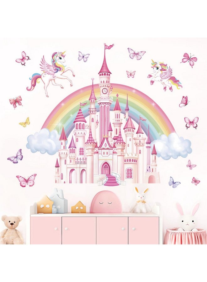 wondever Rainbow Castle Wall Stickers Fairy Tale Unicorn Butterfly Peel and Stick Wall Art Decals for Baby Nursery Girls Bedroom Toddler Room - Image 2