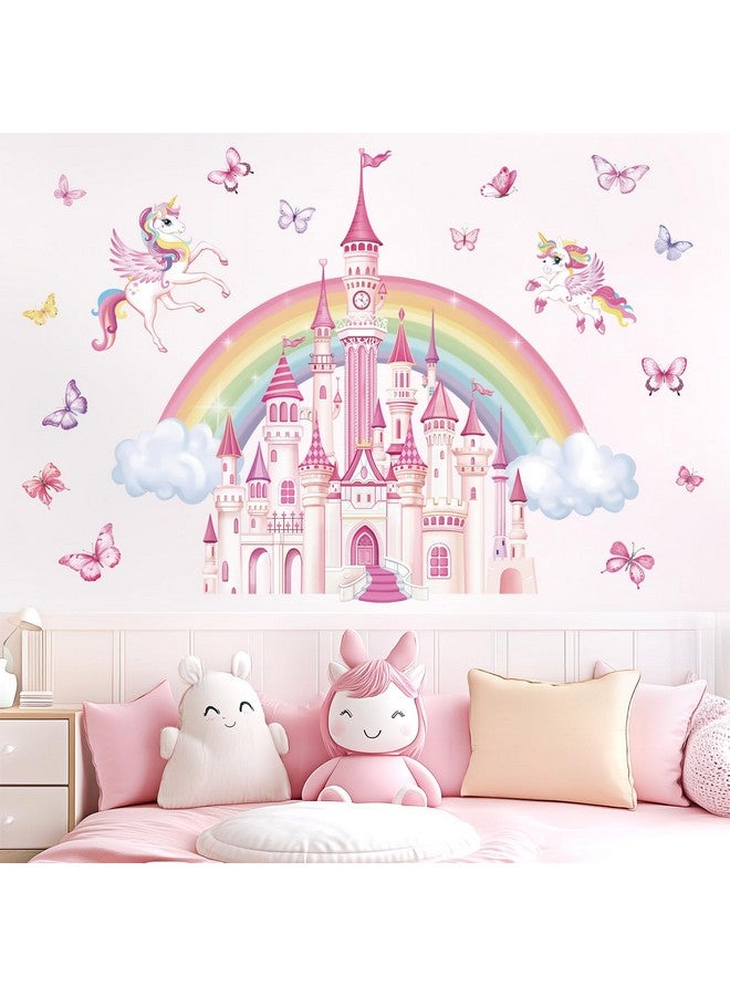 wondever Rainbow Castle Wall Stickers Fairy Tale Unicorn Butterfly Peel and Stick Wall Art Decals for Baby Nursery Girls Bedroom Toddler Room - Image 3