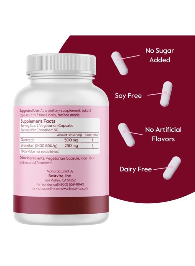 Quercetin with Bromelain 500mg/250mg (240 Vegetarian Capsules) (120 x 2) - No Stearates - No Silicon Dioxide - Vegan - Non GMO - Gluten Free