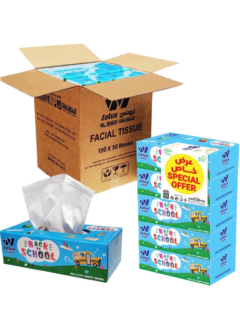 Lotus Alwadi Back To School Soft Facial Tissue 30 Boxes, 130 Sheet, 2 ply (3900 Tissues Total) - Lotus Alwadi - Image 1
