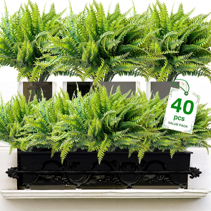 AUMVEYI 40 Pcs Artificial Boston Fern Plants Bushes Outdoor Fake Flowers Bulk Greenery UV Resistant Faux Plastic Foliage Large Bundle for Home Window Box Front Porch Patio Pathway Arrangement Dcor