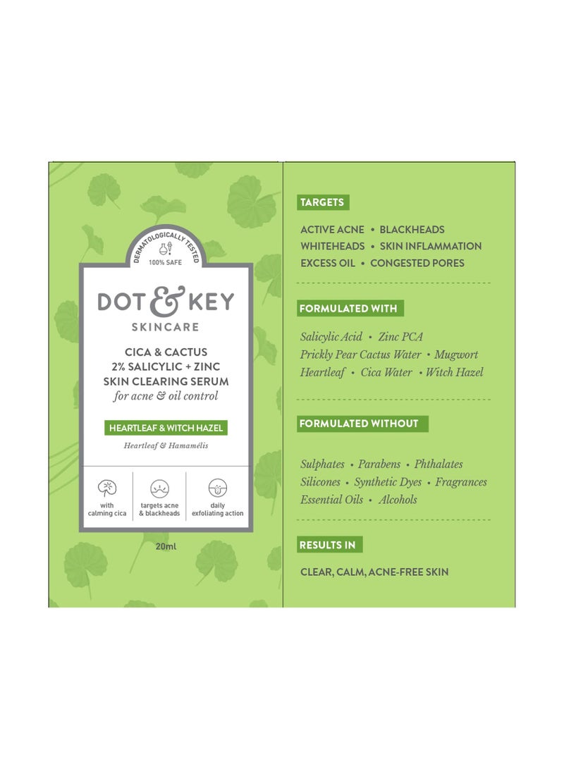 Dot & Key 2% Salicylic Acid + Cica Anti Acne Serum with Zinc | Salicylic Acid Serum for Acne and Dark Spots | Serum for Oily Acne Prone Skin & Sensitive Skin | 20 ml