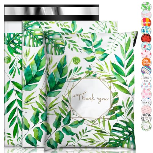 Oududianzi Poly Mailers 10x13, 100 Pack Thank You Shipping Bags, Mailing bags, Mailers Poly Bags for shipping, Shipping Envelopes, Packaging Bags for Shipping - Green leaf - Image 1