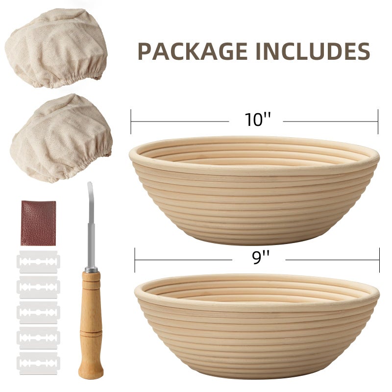 Kikcoin Bread Proofing Basket, Kikcoin Banneton Bread Proofing Basket Set of 2, 9 Inch & 10 Inch Round Sourdough Proofing Basket with Linen Liner, Bread Lame, Dough Whisk - Image 2