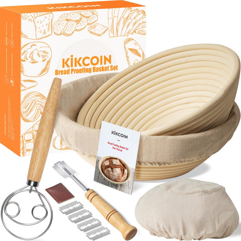 Kikcoin Bread Proofing Basket, Kikcoin Banneton Bread Proofing Basket Set of 2, 9 Inch & 10 Inch Round Sourdough Proofing Basket with Linen Liner, Bread Lame, Dough Whisk - Image 1
