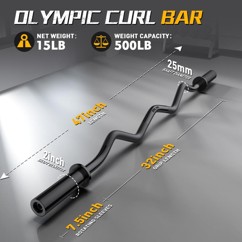 DILANL Olympic EZ Curl Barbell Bar, 47" Curl Bar for Weight Lifting, Home Gym Weight Bar- Strength Training,Squat,Hip Thrusts,Biceps, Chrome Curling for 2 Inch Plates -2 Spring Collars (Black) - Image 4