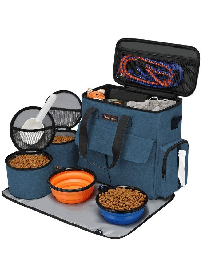 Modoker Dog Travel Bag, Weekend Pet Travel Set for Dog and Cat, Airline Approved Tote Organizer with Multi-Function Pockets, 2 Food Storage Containers, 2 Collapsible Bowls, 1 Feeding Mat (Blue) - Image 1