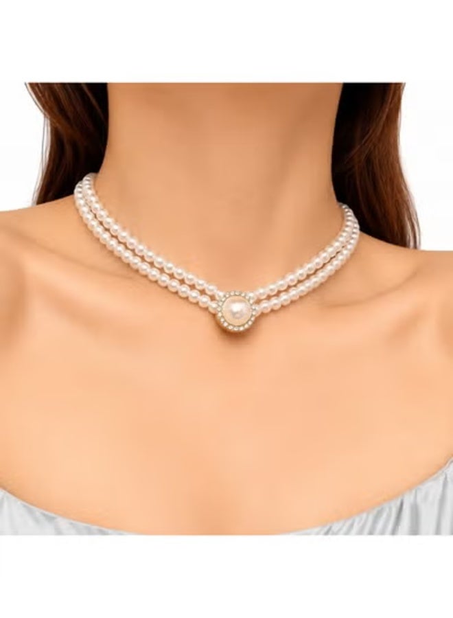 veya Elegant Women’s Jewelry Set Double Pearl Necklace with Matching Gold-Tone Earrings - Image 4